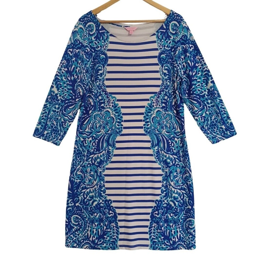 LILLY PULITZER Size XL Nila Blue Moon Jellies Dress Stretch Knit 3/4 Sleeves